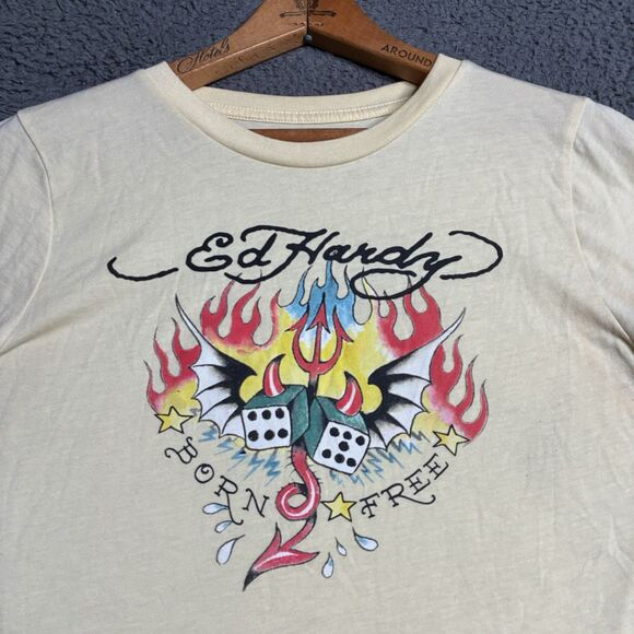 Y2K Ed Hardy Yellow Graphic T Shirt Cropped Top Womens Large - Picture 2 of 11